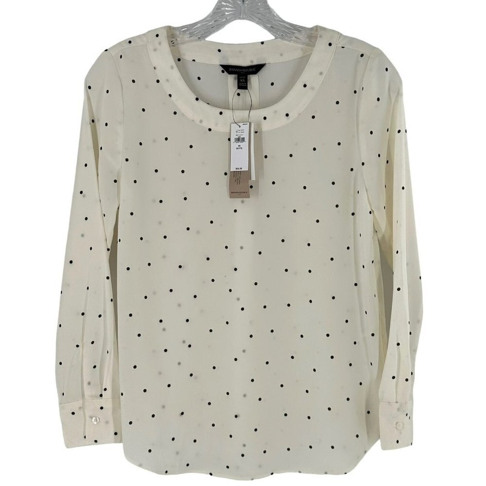 New Banana Republic Black and Ivory Polka Dot Crepe Blouse Size PXS Petite XS